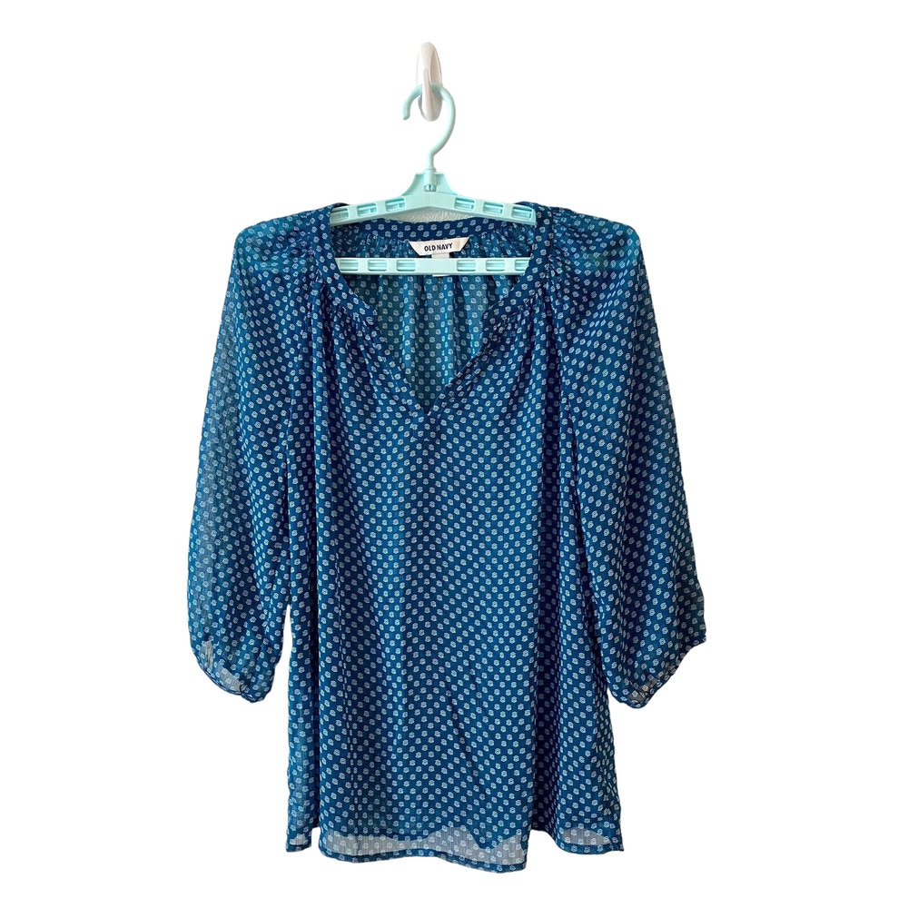 Old Navy Top Womens Size S Tunic Blouse Blue White 3/4 Sleeve Sheer Gauzy